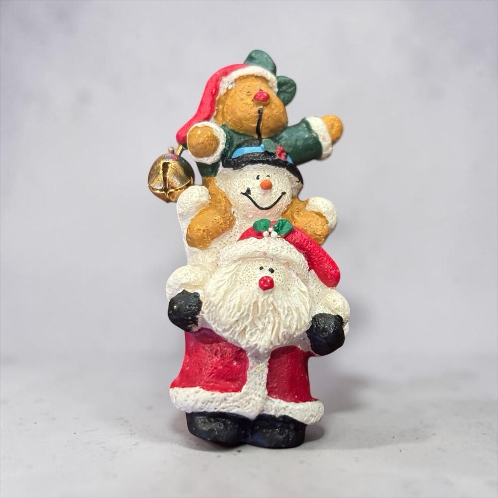 Santa Snowman Teddy Bear Christmas Brooch Dangling Bell Holiday Pin 1980s